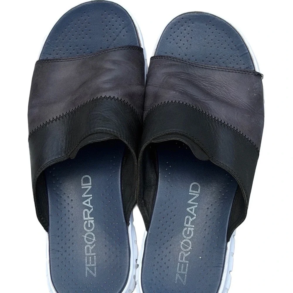 Cole Haan Zerogrand Mens 12M Leather Slide Black Grey Sandals Casual Comfort